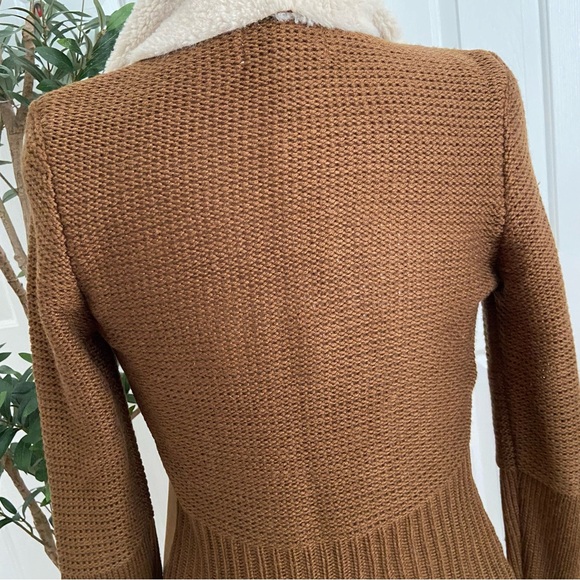 Chocolate Suede Sweater Cardigan Jacket Vegan Shearling Open - Picture 10 of 14